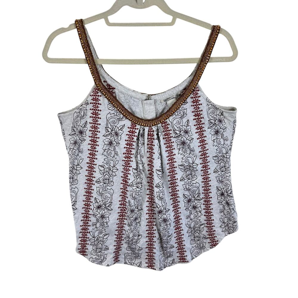Lucky Brand Vintage Y2K 100% Cotton Gray Beaded Embroidered Scoop Neck Tank Sz M - Picture 1 of 6
